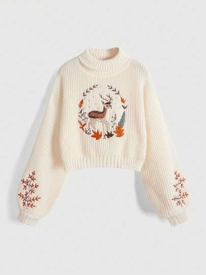 Fairycore Pull à encolure ras-du-cou, manches longues, épaules tombantes, avec broderie de cerfs style << Cottagecore », pour femmes, automne/hiver