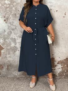 SHEIN LUNE Vestido casual de corte recto de manga corta con botones delanteros, talla grande, unicolor - Azul Marino - Ver 4