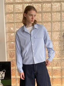 Manfinity VCAY Men's Casual Loose Fit English Letter Embroidered Striped Long Sleeve Woven Shirt, Fashion Urban Boxy Shirt, For Friends