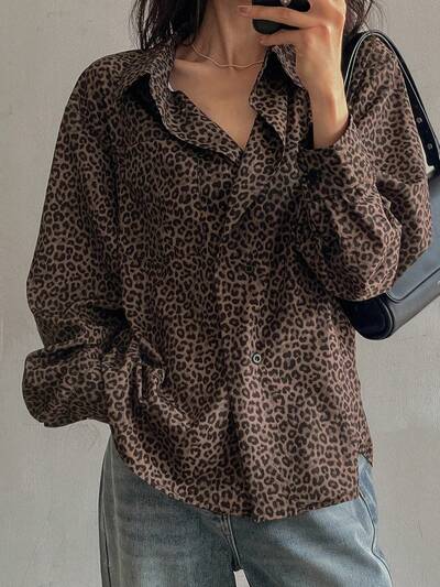 Women Loose Leopard Print Streetwear Shirt, Brown, Spring/Summer/Autumn Y2k,Back To School Clothes,Fall Women Clothes Long Sleeve Top