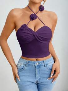 SHEIN PETITE 女士时尚性感纯色3D花朵吊带背心 - 紫色 - 查看 2
