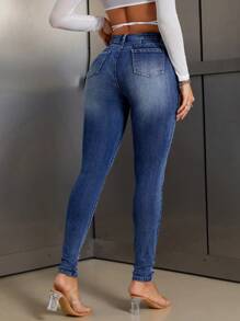 SHEIN SXY 女式纯色带口袋紧身牛仔裤 - 藍色 - 查看 2