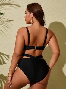 Plus Size Zomer Strand Effen Kleur Ondersteunende Spaghetti Bandjes Uitgehold Vakantie Bikini Set
