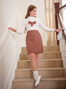 2 piezas Conjunto casual de niña preadolescente con blusa de manga larga con cuello y decoración de corbata de moño a cuadros, y falda mini de pata de gallo, primavera/otoño - Multicolor - Ver 4