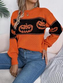 Autumn/Winter New Contrast Color Halloween Pumpkin Holiday Round Neck Pullover Sweater - Orange - View 1