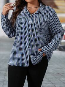 SHEIN Clasi 大码女式春夏几何印花长袖宽松休闲衬衫、工作服 - 藍色 - 查看 5