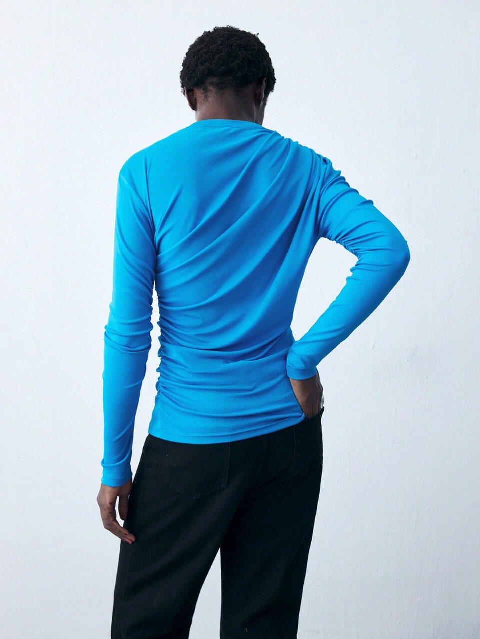 SHEIN Maija Women's Blue Asymmetric Ruched Solid Color Crew Neck Long Sleeve Casual T-Shirt