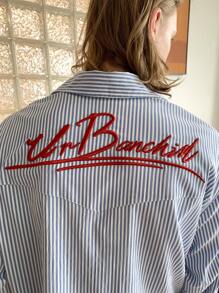 Manfinity VCAY Men's Casual Loose Fit English Letter Embroidered Striped Long Sleeve Woven Shirt, Fashion Urban Boxy Shirt, For Friends