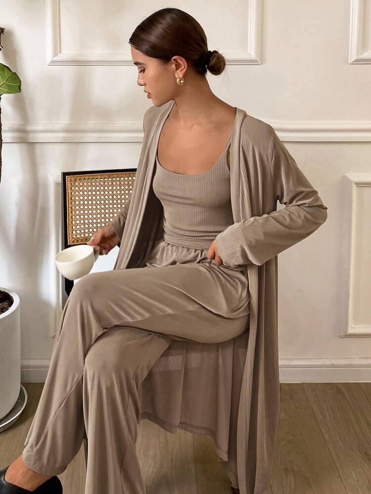3pcs Minimalist Camisole Top & Robe & Pants Home Lounge Wear Set, Cozy Outfits, Fall Winter Clothes Pajama