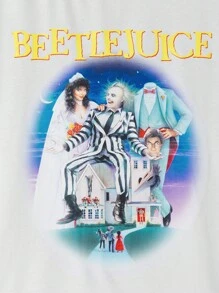 Beetlejuice X SHEIN 夏季休闲宽松圆领短袖女式T恤 - 白色 - 查看 7