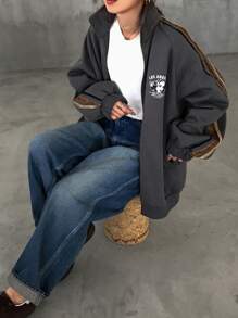 FRIFUL 女式撞色条纹超大开襟加厚运动衫、长袖上衣夹克秋冬拉链 - 灰色 - 查看 9