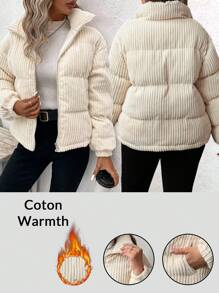 SHEIN LUNE Manteau d'hiver extra-épais en velours côtelé, épaissi et chaud, grande taille. Avec poches, isolation thermique efficace, ample, décontracté et affinant. Manteaux d'hiver avec poches. Doudoune femme 2024 hiver avec poches, manteaux matelassés amples