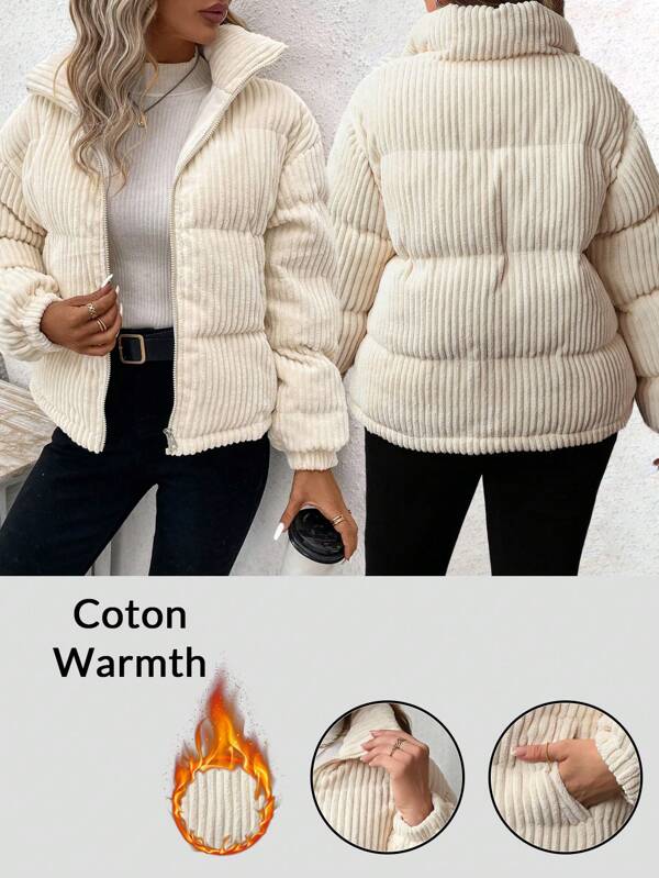 SHEIN LUNE Manteau d'hiver extra-épais en velours côtelé, épaissi et chaud, grande taille. Avec poches, isolation thermique efficace, ample, décontracté et affinant. Manteaux d'hiver avec poches. Doudoune femme 2024 hiver avec poches, manteaux matelassés amples