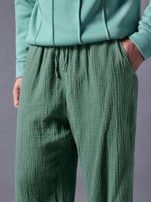 Mainfolk Men's Casual Loose Fit Solid Color Patch Elastic Waist Straight Leg Woven Pants - Khaki - View 2