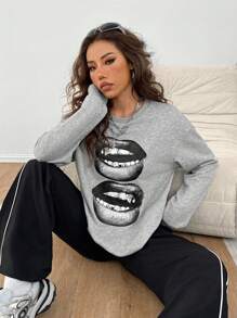 SHEIN EZwear 超大复古风格女式黑色唇印 Y2K 圆领运动衫，街头潮流 - 淺灰色 - 查看 4