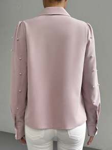 SHEIN Clasi 女式春夏仿珍珠装饰长袖前系带宽松衬衫 - 藕粉色 - 查看 2