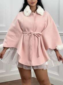 Flirla Plus Size Solid Color Patchwork Tie-Front Casual Jacket - Dusty Pink - View 4