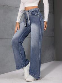 SHEIN LUNE Quần denim đơn giản, nhiều túi, thắt nơ phía trước cho nữ - Màu xanh lam - Xem 5