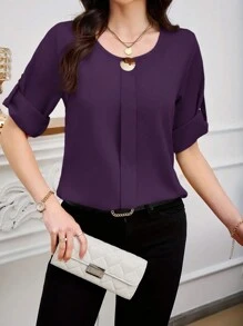 SHEIN Clasi Áo cánh tay cuộn cổ tròn màu trơn thanh lịch cho nữ - Màu tím - Xem 5