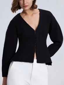 Áo khoác thường ngày dài tay cổ chữ V màu trơn - màu đen - Xem 5