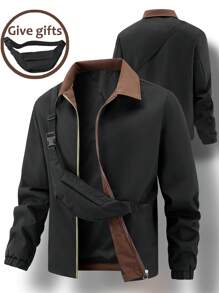Manfinity Homme Men's Contrast Color Lapel Patchwork Zip Up Jacket, Autumn/Winter - Black - View 5