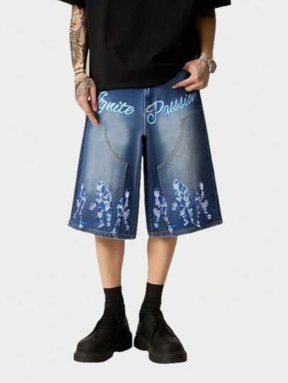 Street Life Herren lässige, lose Denim Shorts in Knieländge mit Buchstaben- und Zahlen Muster und Tasche