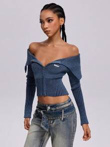 SHEIN Coolane Women's Vintage Y2K Knit Off Shoulder Long Sleeve Zip Up Stretchy Bodysuit Cardigans Sweater - Royal Blue - View 7