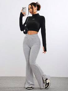 Muchica Pantalones acampanados de cintura alta con abertura, ajustados, de punto acanalado de franela, para mujer, para otoño/invierno - Gris - Ver 5