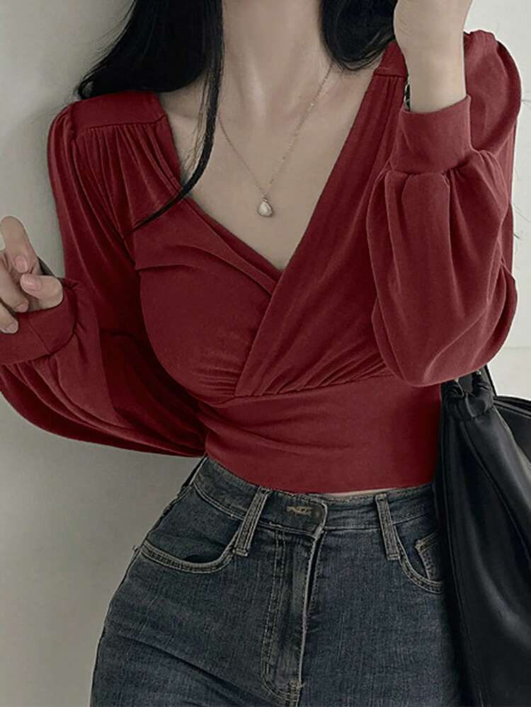 Women's Solid V-Neck Lantern Sleeve Cropped T-Shirt, Christmas Wine Red T-Shirt, Chinese New Year, Spring & Autumn Preppy Tops Long Sleeve Women Tops