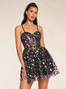 Glamine Vestido con lentejuelas y parches con tirantes encantador para mujer, vestido sexy de fiesta, vestido negro, vestido negro de baile de graduación, atuendo mini corto para conciertos