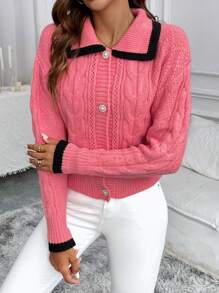 SHEIN LUNE Women Contrast Trim Front Button Long Sleeve Knitted Cardigan