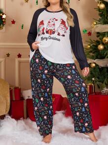 Santa Claus Knit Raglan Sleeve Long Sleeve Top & Pants Plus Size Pajama Set, For Christmas, Fall Winter Clothes - Multicolor - View 4