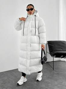 EURMUSE Contrast Hook And Loop Detailed Premium Quality Maxi Lenght Puffer Wintercoat - White - View 5