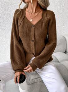 SHEIN Clasi 女士棕色 2 合 1 拼布 V 领纽扣毛衣夹克 - 棕色 - 查看 1