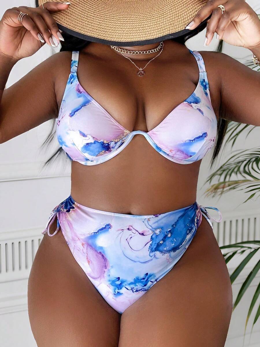 SHEIN Swim Curve 夏日沙灘加大理石印花鋼圈比基尼套裝