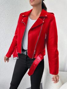 Dây kéo Thắt lưng chất liệu da PU Áo khoác moto - Đỏ - Xem 5