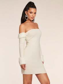 Glamine Women Off-Shoulder Fluffy Splice Long Sleeve Sweater Dress Date Night Night Out Off White Autumn Sexy - White - View 2