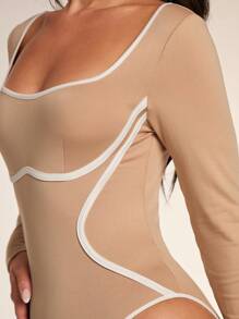 Glamine Elastic & Fleece Thermal Colorblock Piped Bodysuit - Khaki - View 4