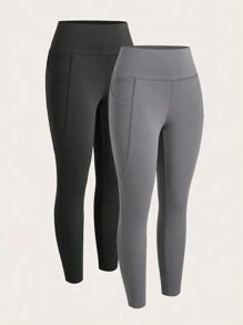 SHEIN EZwear 2件套瑜伽裤收腹高腰跑步紧身裤带口袋 - 彩色 - 查看 4