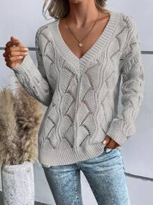 SHEIN LUNE Áo len dệt kim khoét lỗ màu trơn thường ngày, mùa thu - Xám - Xem 4