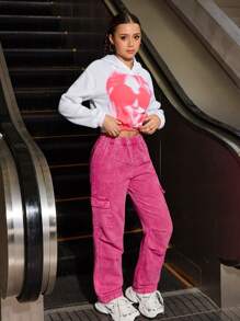 SHEIN Explorewe Áo khoác nỉ trùm đầu cho bé gái tuổi teen và quần jeans ống đứng màu hồng giặt rộng rãi, thời trang thường ngày - trắng - Xem 7