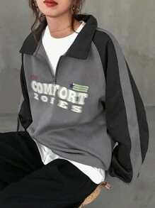FRIFUL 女式超大号撞色字母印花保暖内衬加厚连帽卫衣 秋冬 - 黑色 - 查看 8