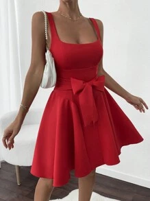 SHEIN Inside Breast Padded, V-Shape Skirt, Belted Stylish Sexy Part Dress