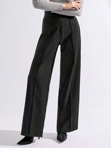 SHEIN Cottnline Women's Solid Color Straight Leg Casual Pants - Black - View 3