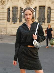 SHEIN Explorewe 2pcs/Set Teenage Girls Casual Y2K Style Jacket & Mini Skirt - Black - View 1