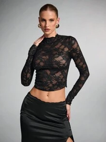 SHEIN BAE Women's Black Lace Glitter Decor Sheer See-Through Long Sleeve Tight Blouse For Dates, Halloween, Party, Clubbing