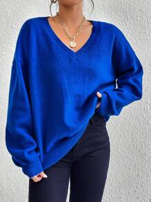 SHEIN VCAY Plus Size Solid Color Lantern Sleeve V-Neck Simple Knit Sweater, Casual Daily Wear - Blue - View 5