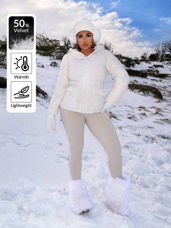 SHEIN SXY Women's Solid Color Long Sleeve Zipper Hooded Casual Down& Feathers Jacket For Winter