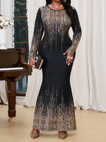 SHEIN Lady Spring And SummerAutumn And Winter Elegant Black  Knitted Mermaid Long  Long Sleeve Plus Size Dresses
