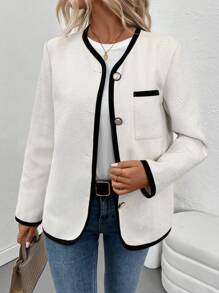 Chiquease Chaqueta tipo cárdigan de botón con bolsillo y ribete de contraste blanco para mujer, otoño - Blanco - Ver 1